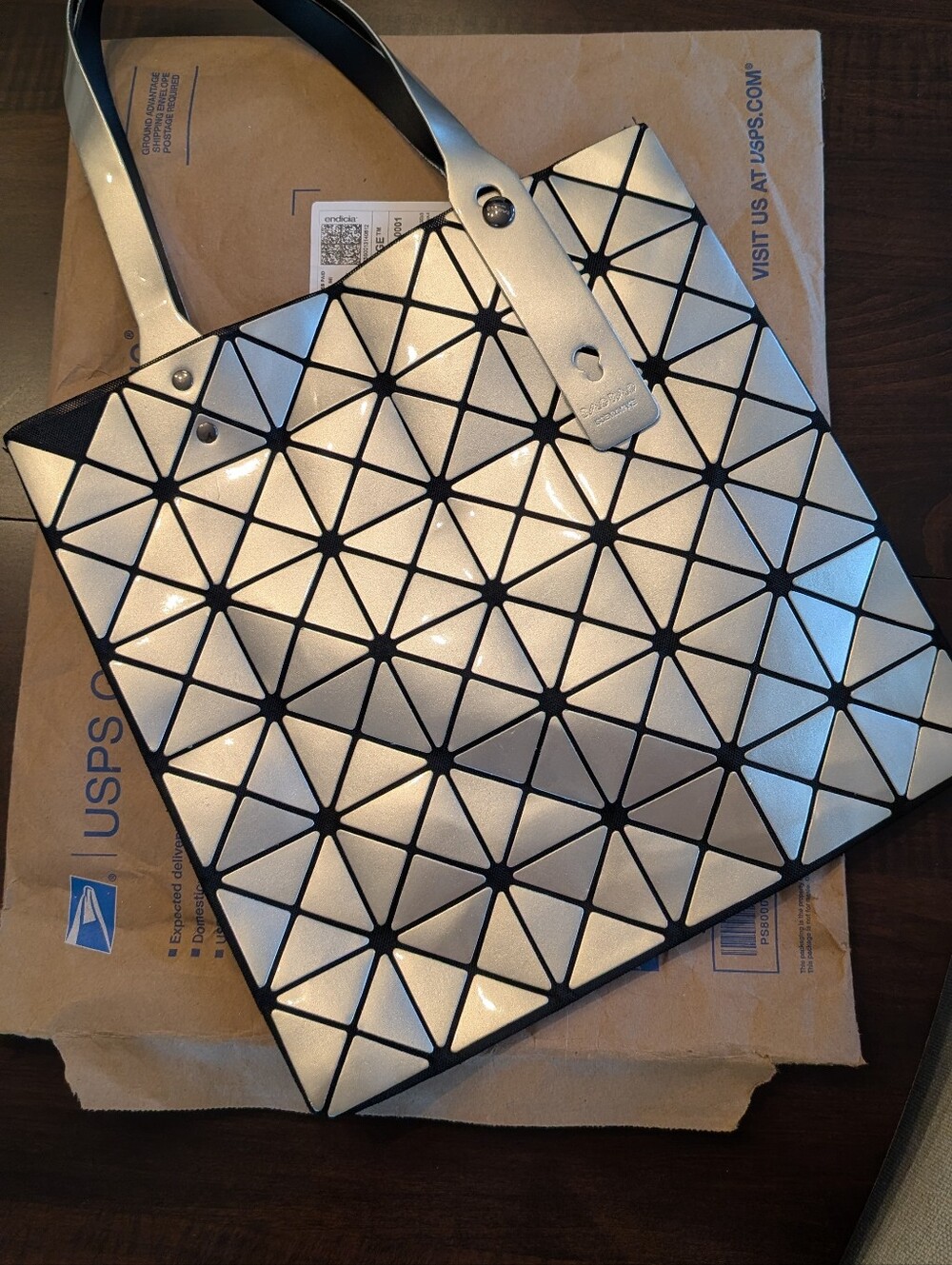 Issey Miyake Silver Geometric Tote Bag